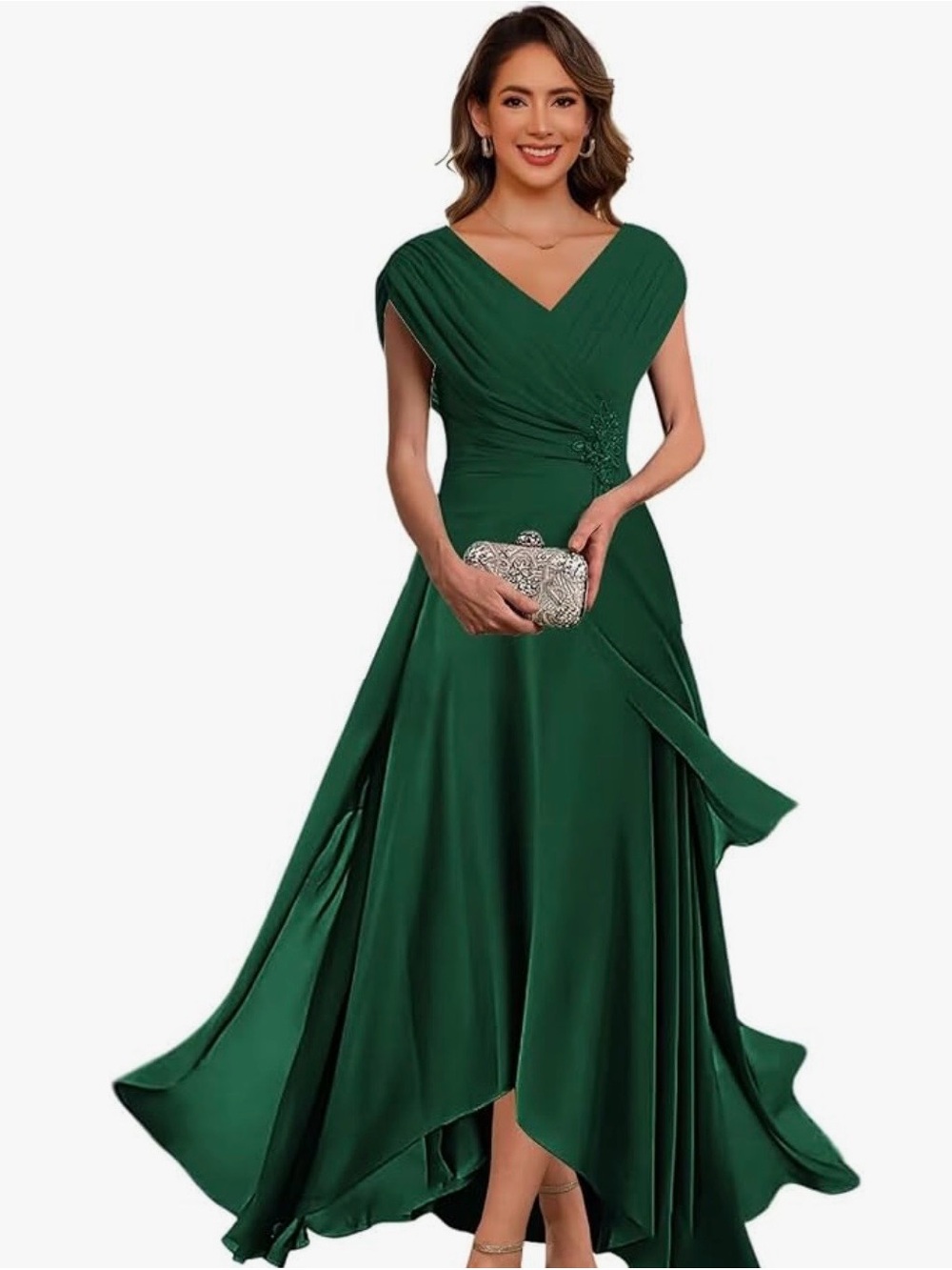 Dark Green Lace Bodice Chiffon High/Low Dress